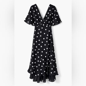 En Saison Polka Dot Midi Dress S Black White Flutter Sleeve Anthro NWOT